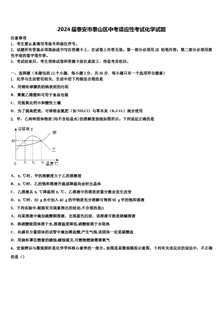 2024届泰安市泰山区中考适应性考试化学试题含解析.doc_第1页