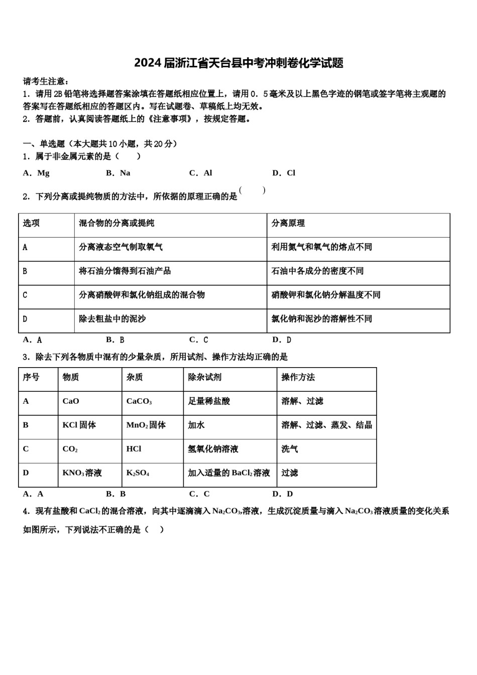 2024届浙江省天台县中考冲刺卷化学试题含解析.doc_第1页