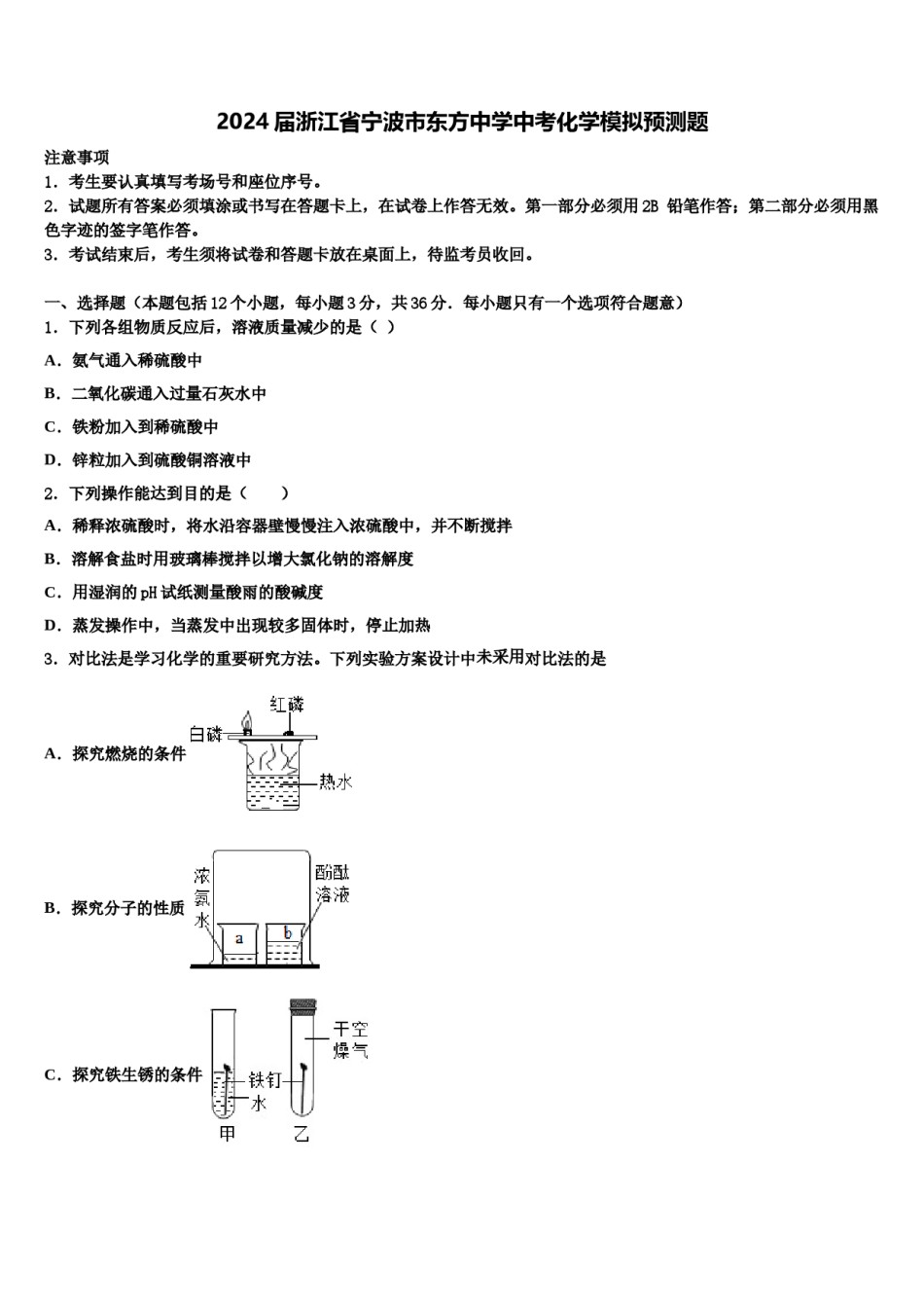 2024届浙江省宁波市东方中学中考化学模拟预测题含解析.doc_第1页