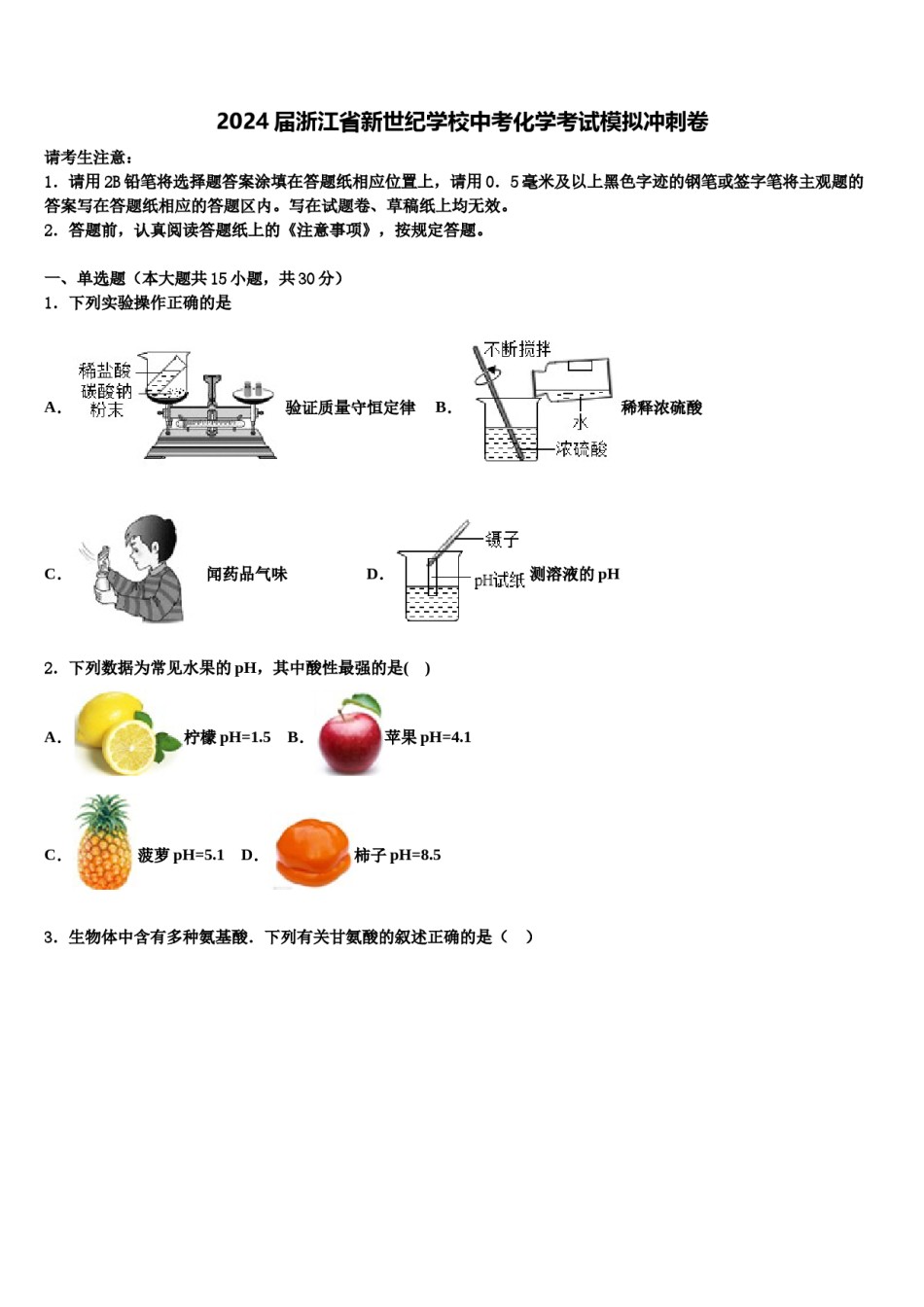 2024届浙江省新世纪学校中考化学考试模拟冲刺卷含解析.doc_第1页