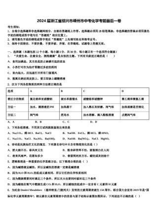 2024届浙江省绍兴市嵊州市中考化学考前最后一卷含解析.doc