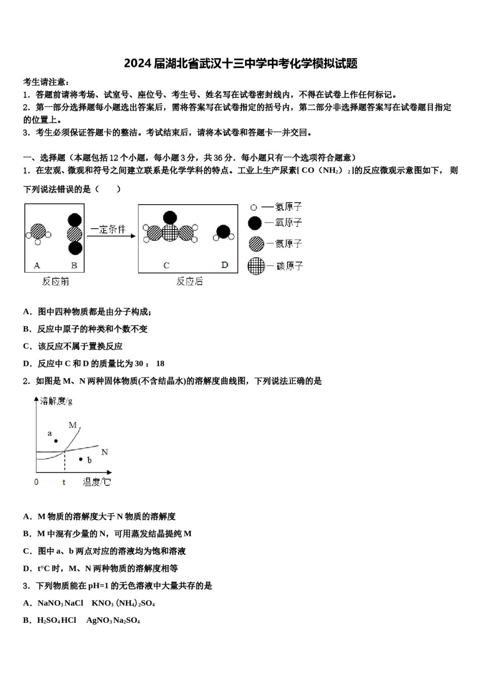 2024届湖北省武汉十三中学中考化学模拟试题含解析.doc_第1页