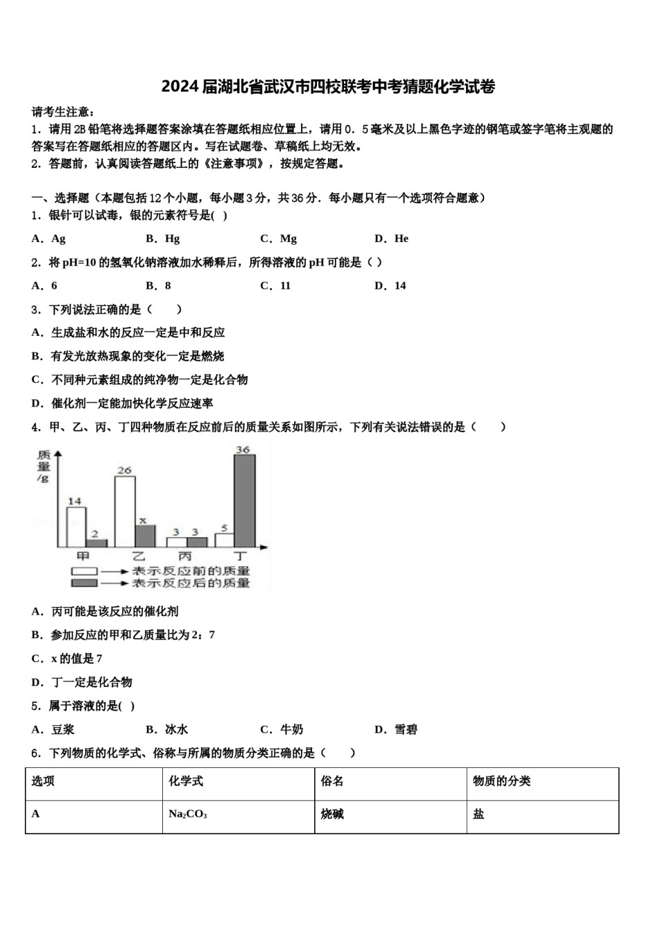 2024届湖北省武汉市四校联考中考猜题化学试卷含解析.doc_第1页