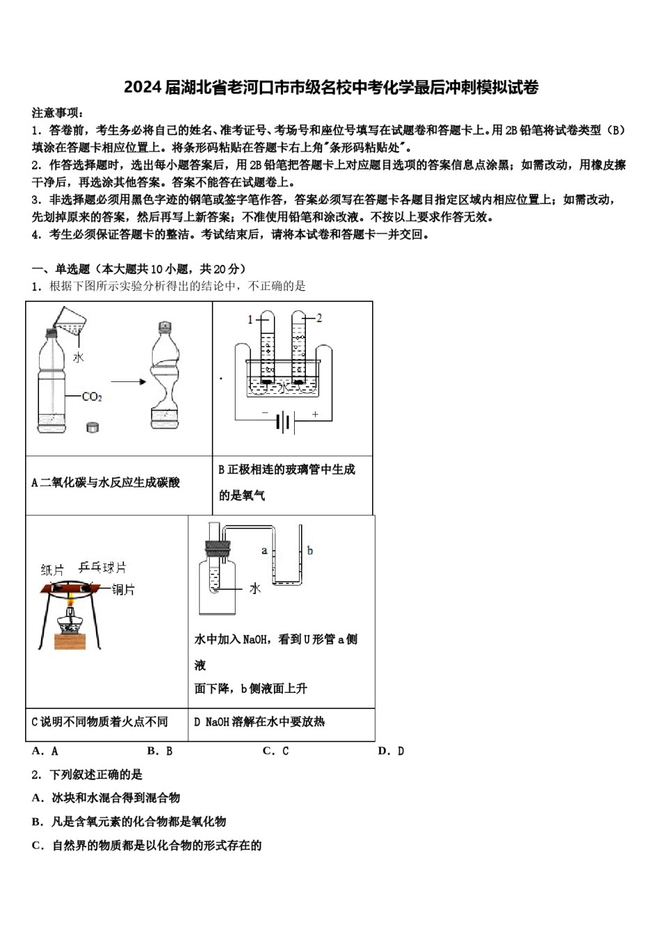 2024届湖北省老河口市市级名校中考化学最后冲刺模拟试卷含解析.doc_第1页