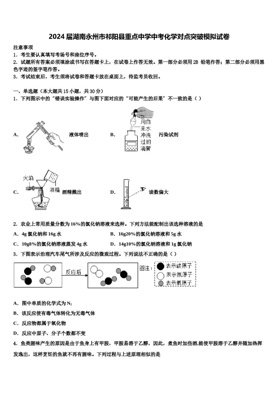 2024届湖南永州市祁阳县重点中学中考化学对点突破模拟试卷含解析.doc_第1页