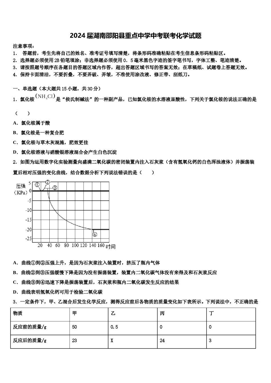 2024届湖南邵阳县重点中学中考联考化学试题含解析.doc_第1页