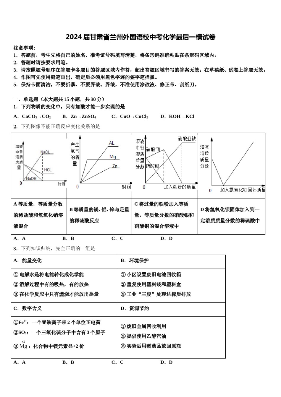 2024届甘肃省兰州外国语校中考化学最后一模试卷含解析.doc_第1页