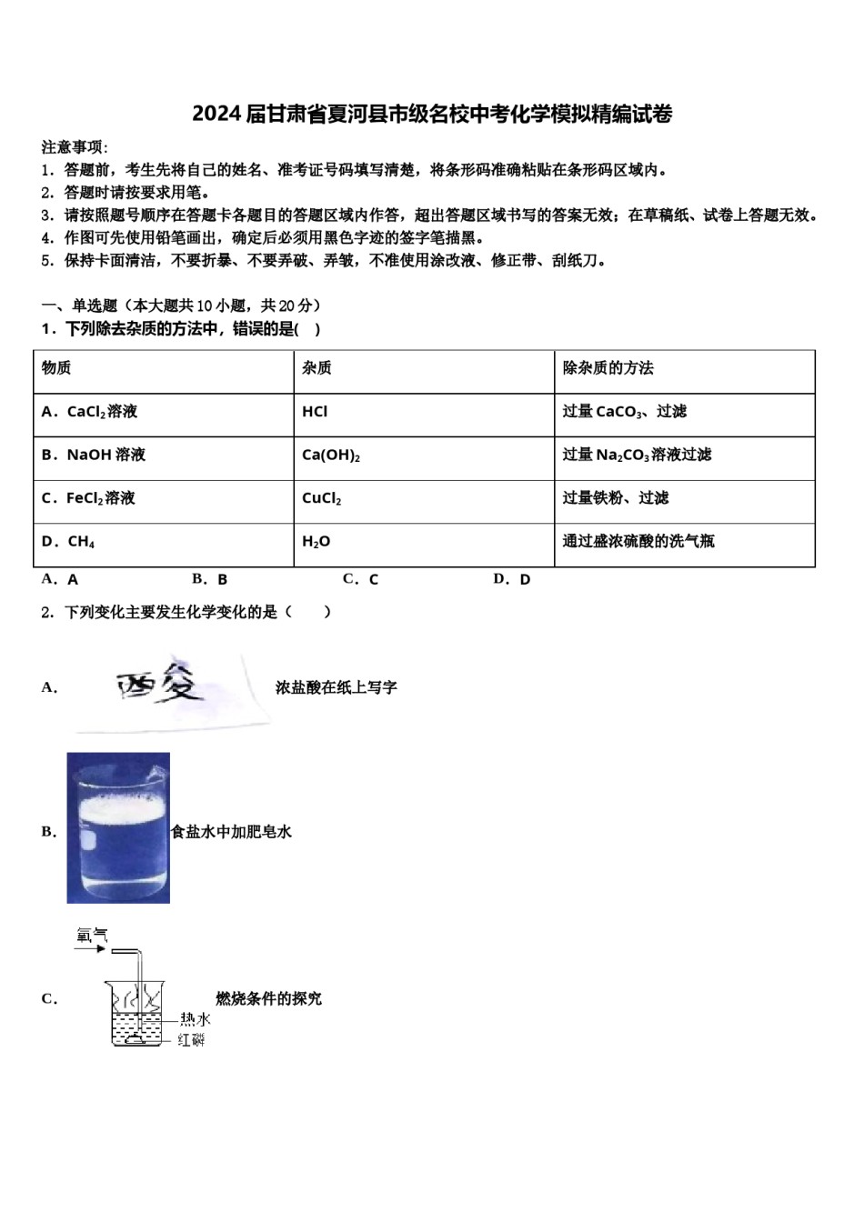 2024届甘肃省夏河县市级名校中考化学模拟精编试卷含解析.doc_第1页