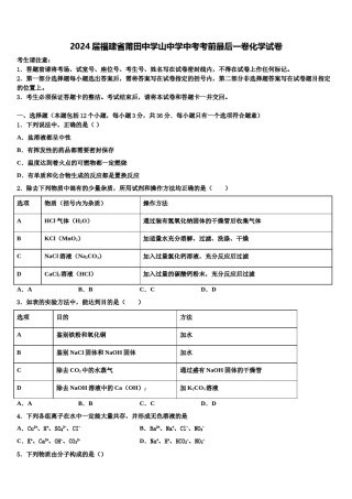2024届福建省莆田中学山中学中考考前最后一卷化学试卷含解析.doc