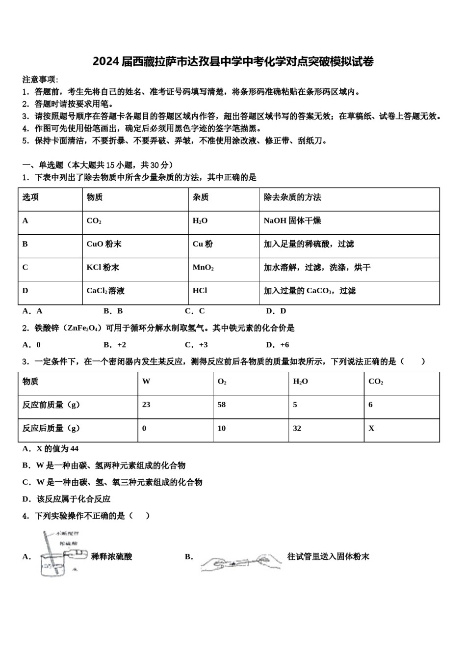 2024届西藏拉萨市达孜县中学中考化学对点突破模拟试卷含解析.doc_第1页