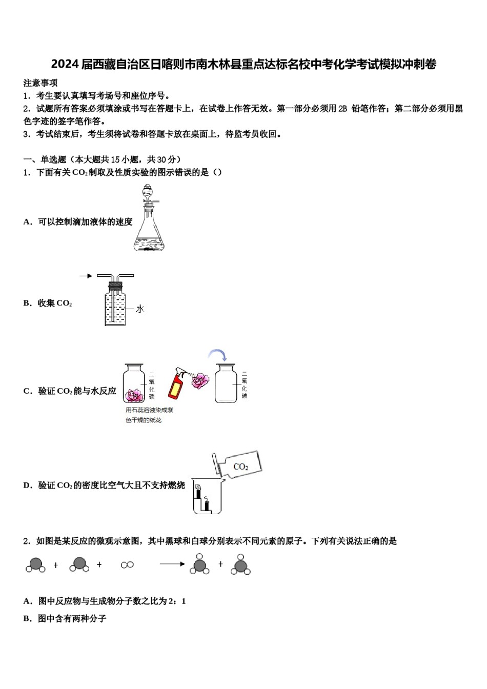 2024届西藏自治区日喀则市南木林县重点达标名校中考化学考试模拟冲刺卷含解析.doc_第1页