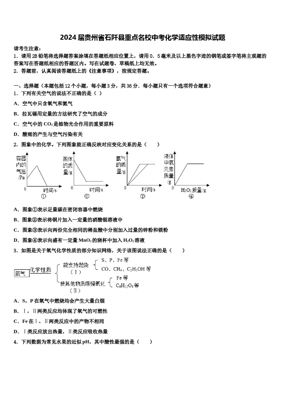 2024届贵州省石阡县重点名校中考化学适应性模拟试题含解析.doc_第1页