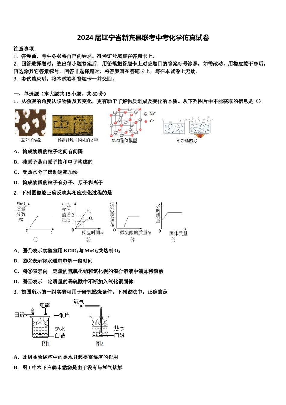 2024届辽宁省新宾县联考中考化学仿真试卷含解析.doc_第1页