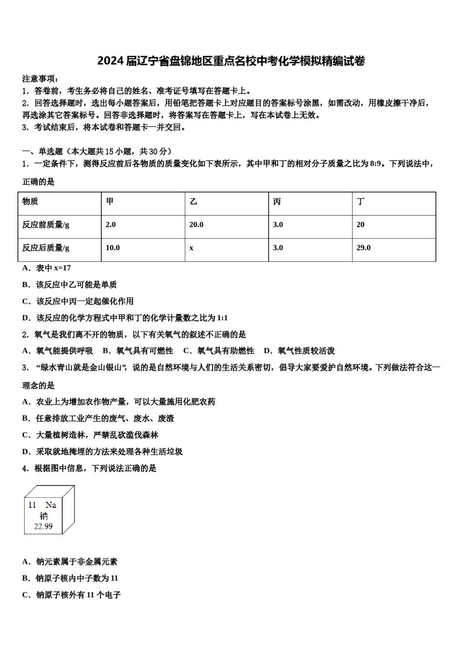 2024届辽宁省盘锦地区重点名校中考化学模拟精编试卷含解析.doc_第1页