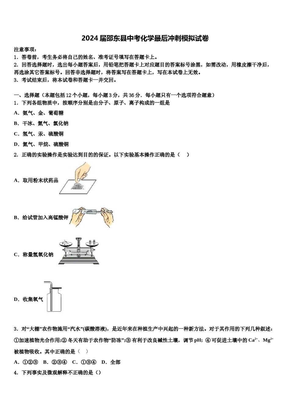 2024届邵东县中考化学最后冲刺模拟试卷含解析.doc_第1页