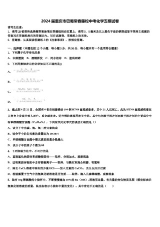 2024届重庆市巴蜀常春藤校中考化学五模试卷含解析.doc
