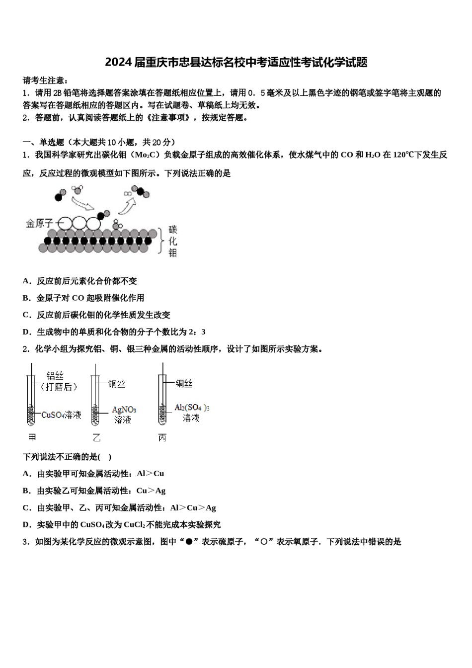 2024届重庆市忠县达标名校中考适应性考试化学试题含解析.doc_第1页