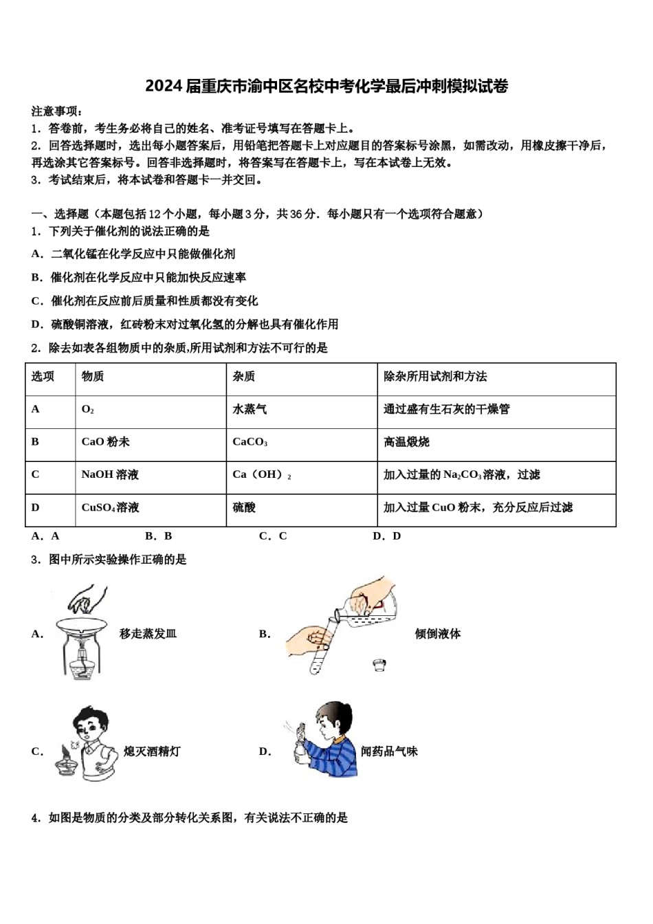 2024届重庆市渝中区名校中考化学最后冲刺模拟试卷含解析.doc_第1页