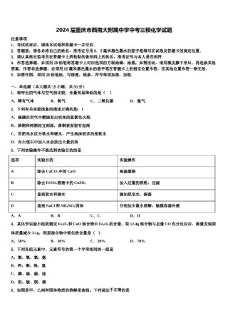 2024届重庆市西南大附属中学中考三模化学试题含解析.doc