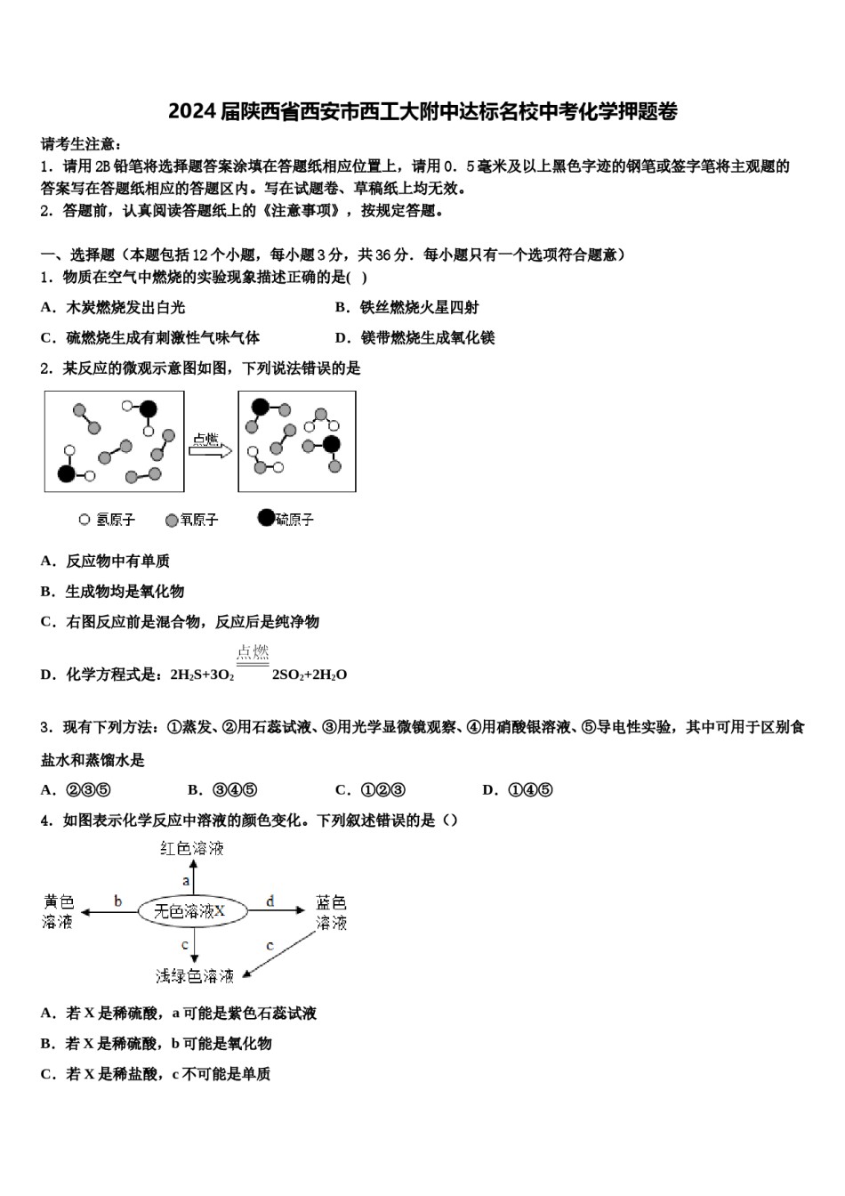 2024届陕西省西安市西工大附中达标名校中考化学押题卷含解析.doc_第1页