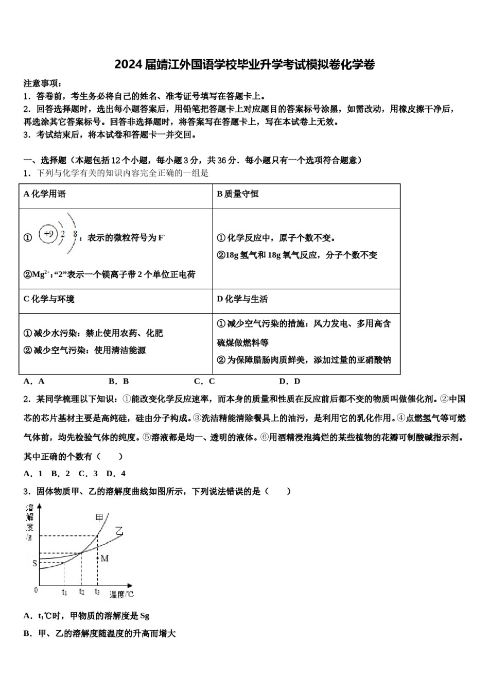 2024届靖江外国语学校毕业升学考试模拟卷化学卷含解析.doc_第1页