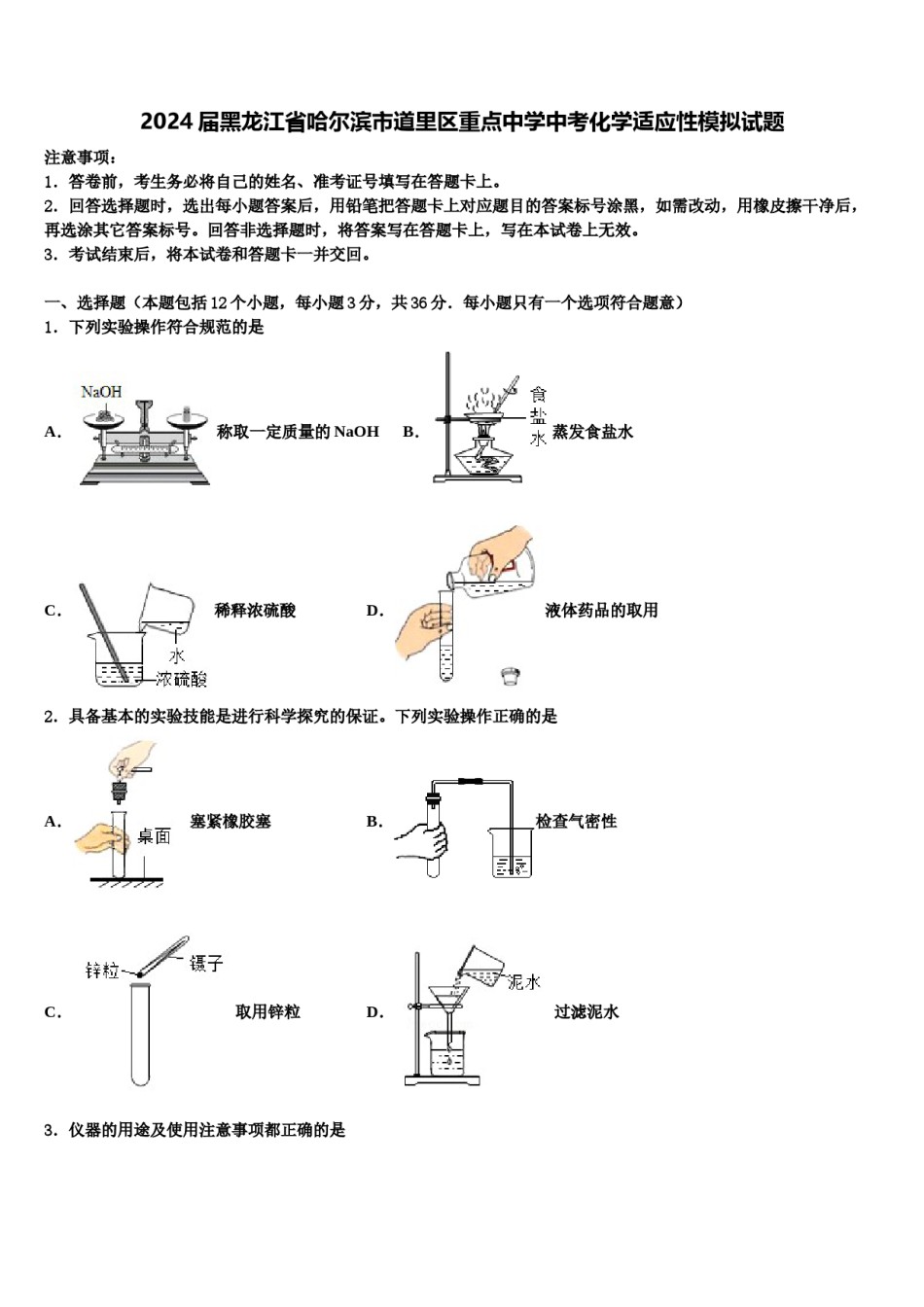 2024届黑龙江省哈尔滨市道里区重点中学中考化学适应性模拟试题含解析.doc_第1页