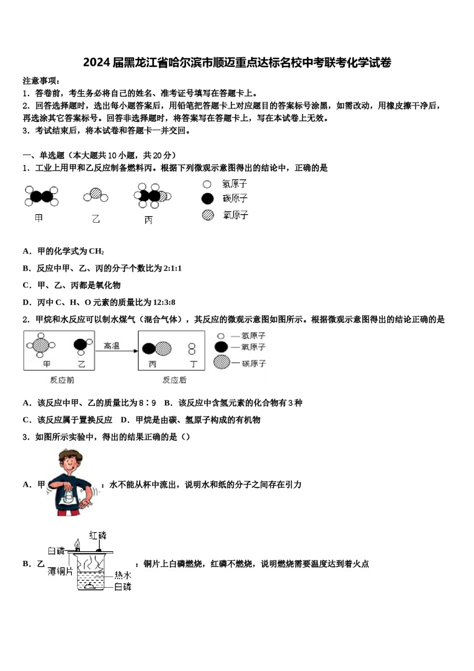 2024届黑龙江省哈尔滨市顺迈重点达标名校中考联考化学试卷含解析.doc_第1页