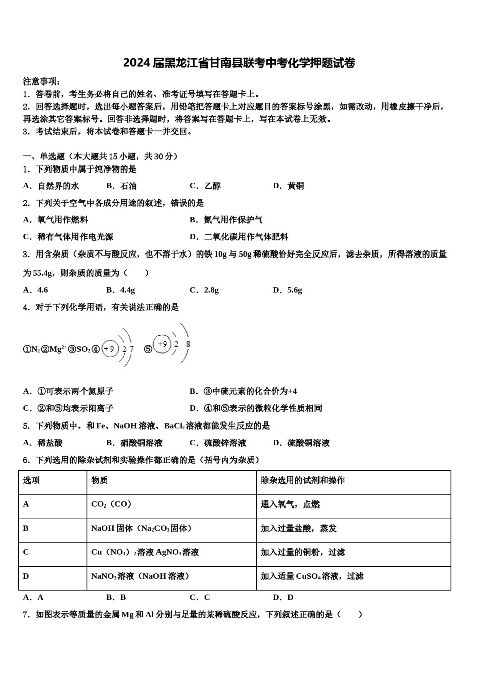 2024届黑龙江省甘南县联考中考化学押题试卷含解析.doc_第1页