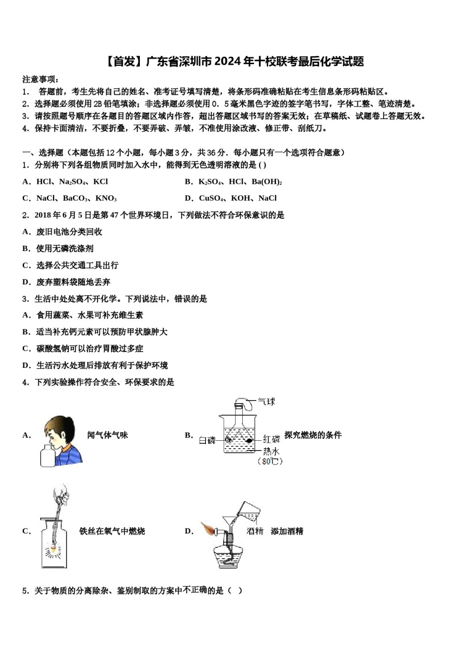 【首发】广东省深圳市2024年十校联考最后化学试题含解析.doc_第1页