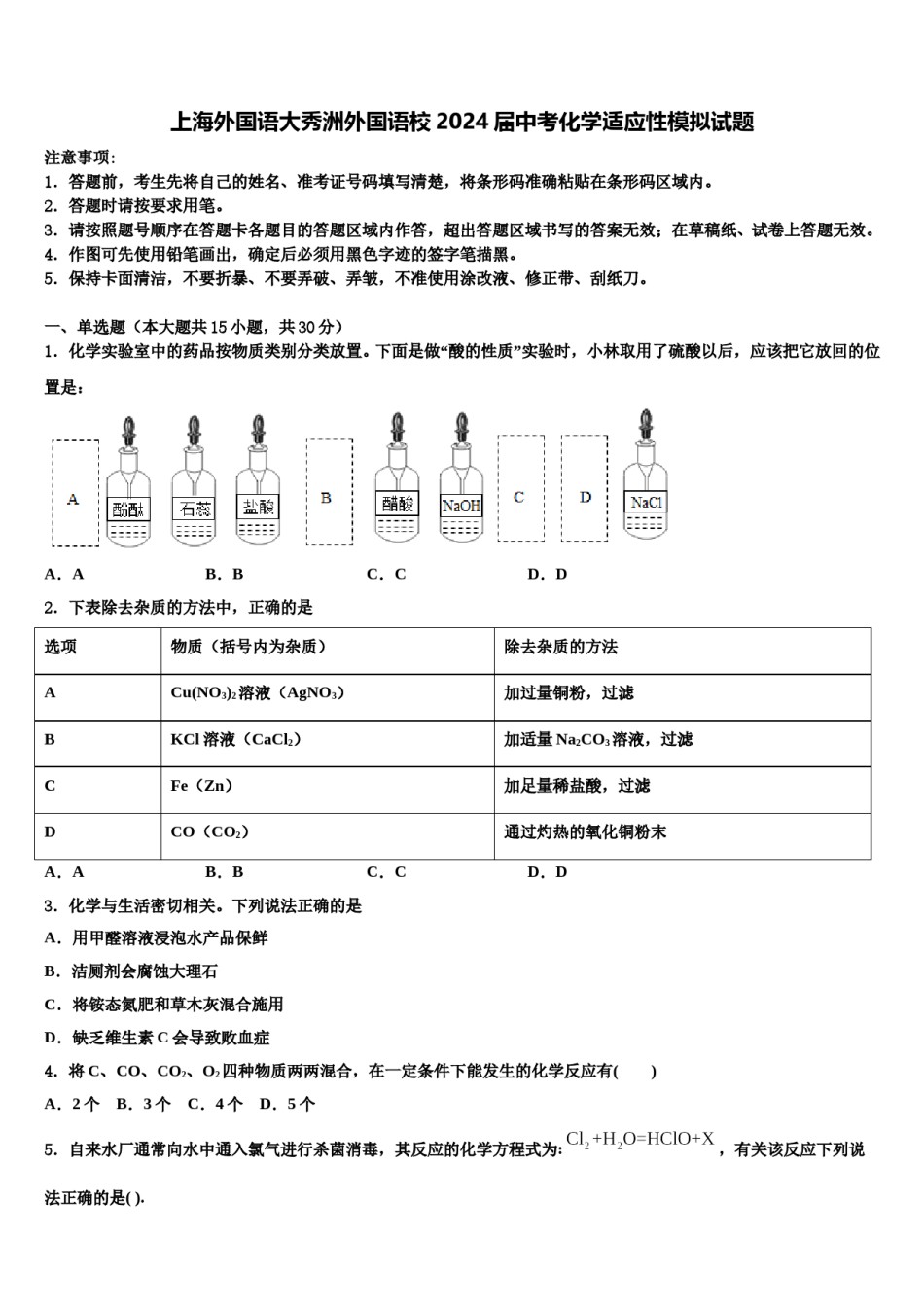 上海外国语大秀洲外国语校2024届中考化学适应性模拟试题含解析.doc_第1页