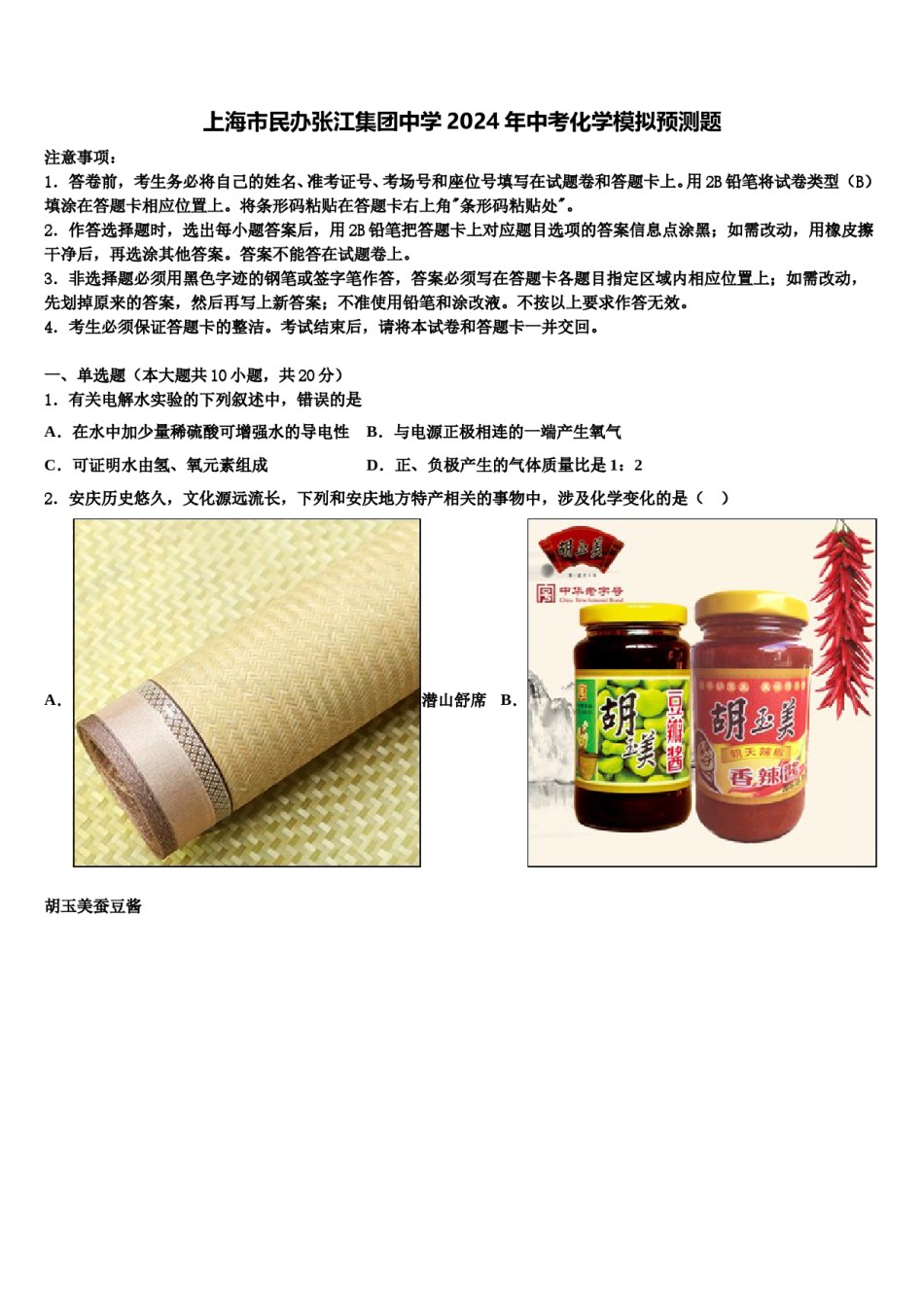 上海市民办张江集团中学2024年中考化学模拟预测题含解析.doc_第1页