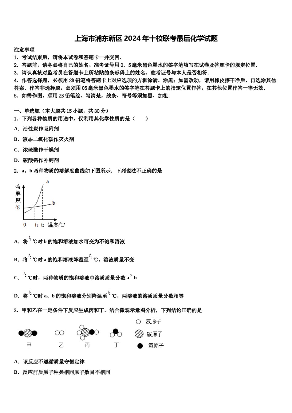 上海市浦东新区2024年十校联考最后化学试题含解析.doc_第1页