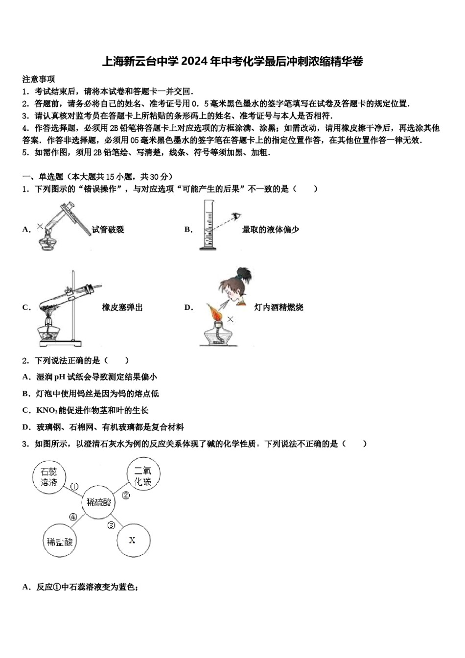 上海新云台中学2024年中考化学最后冲刺浓缩精华卷含解析.doc_第1页