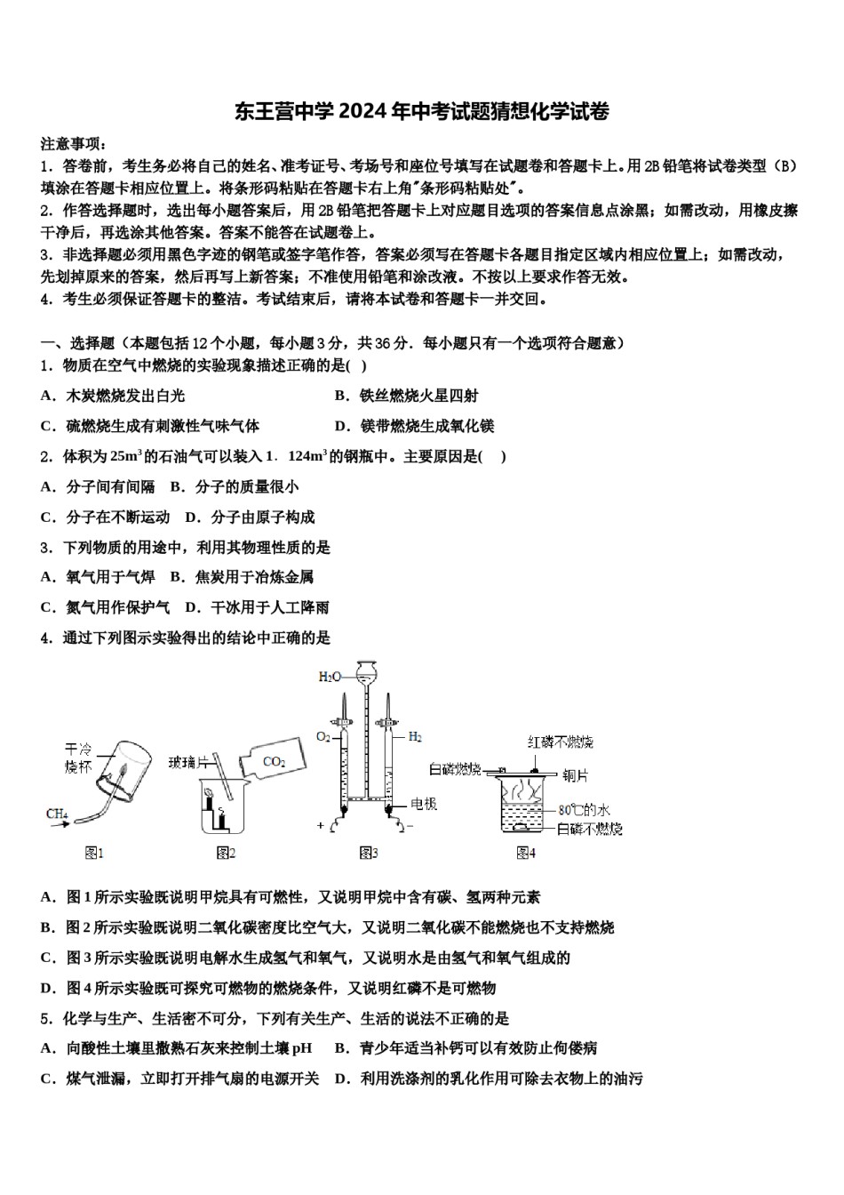 东王营中学2024年中考试题猜想化学试卷含解析.doc_第1页