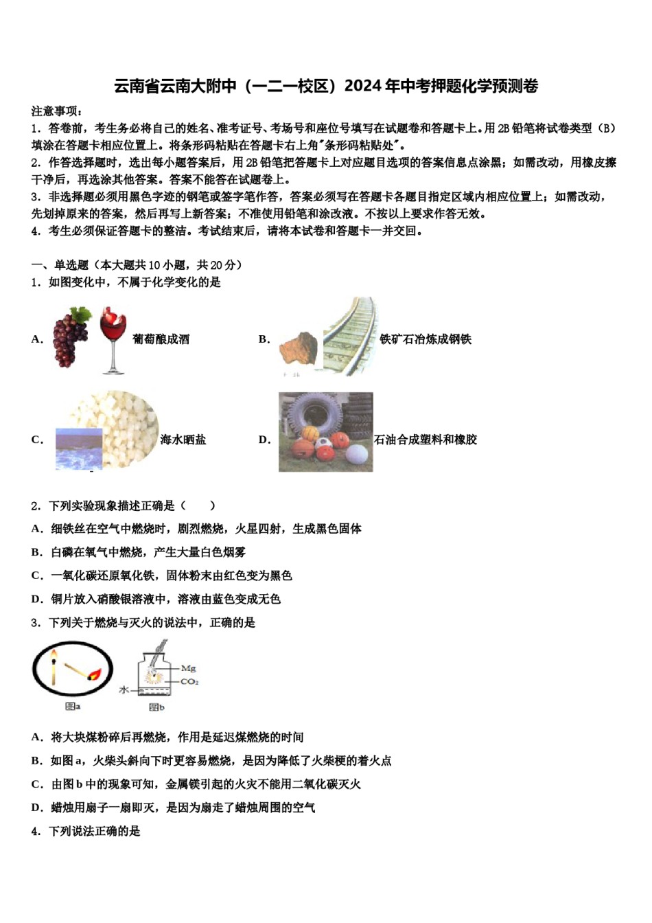 云南省云南大附中（一二一校区）2024年中考押题化学预测卷含解析.doc_第1页