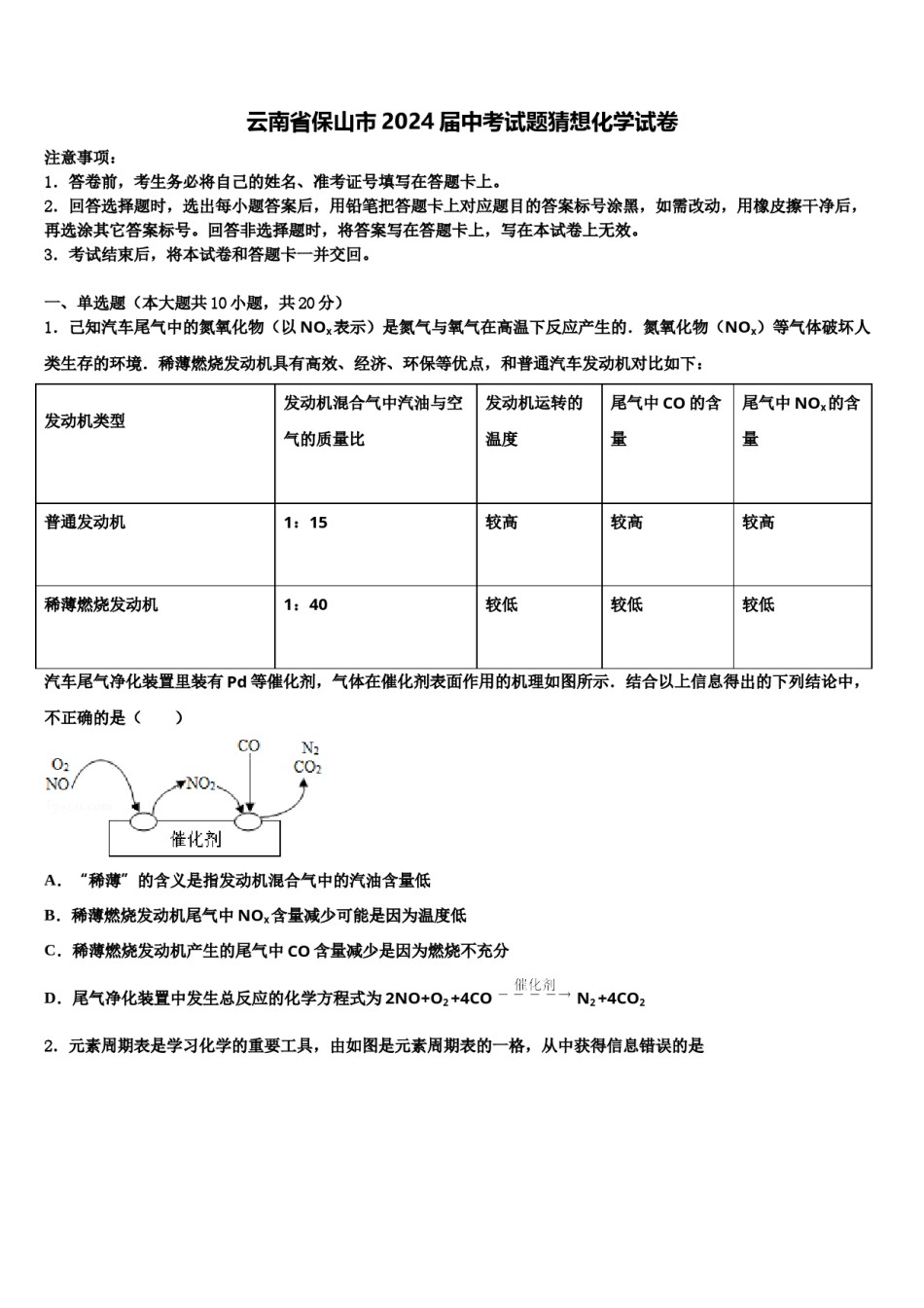 云南省保山市2024届中考试题猜想化学试卷含解析.doc_第1页