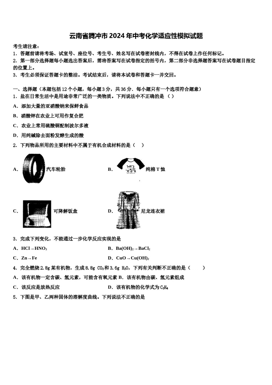 云南省腾冲市2024年中考化学适应性模拟试题含解析.doc_第1页