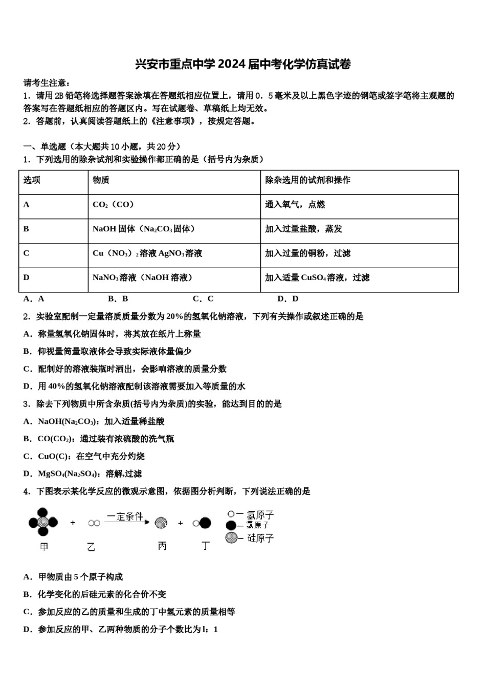 兴安市重点中学2024届中考化学仿真试卷含解析.doc_第1页
