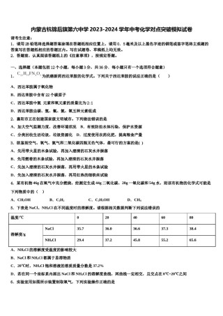 内蒙古杭锦后旗第六中学2023-2024学年中考化学对点突破模拟试卷含解析.doc