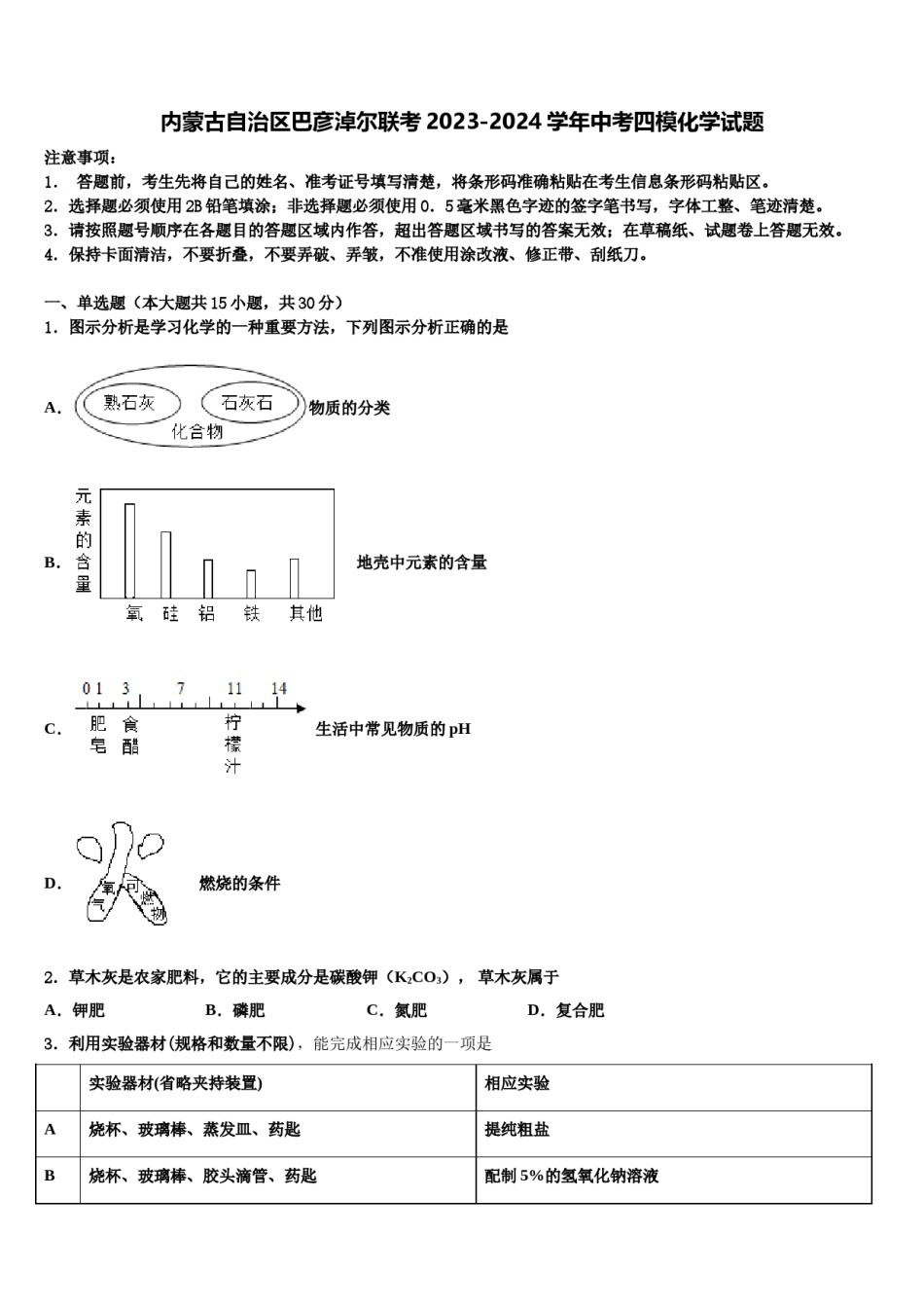 内蒙古自治区巴彦淖尔联考2023-2024学年中考四模化学试题含解析.doc_第1页