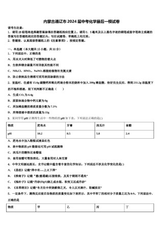 内蒙古通辽市2024届中考化学最后一模试卷含解析.doc