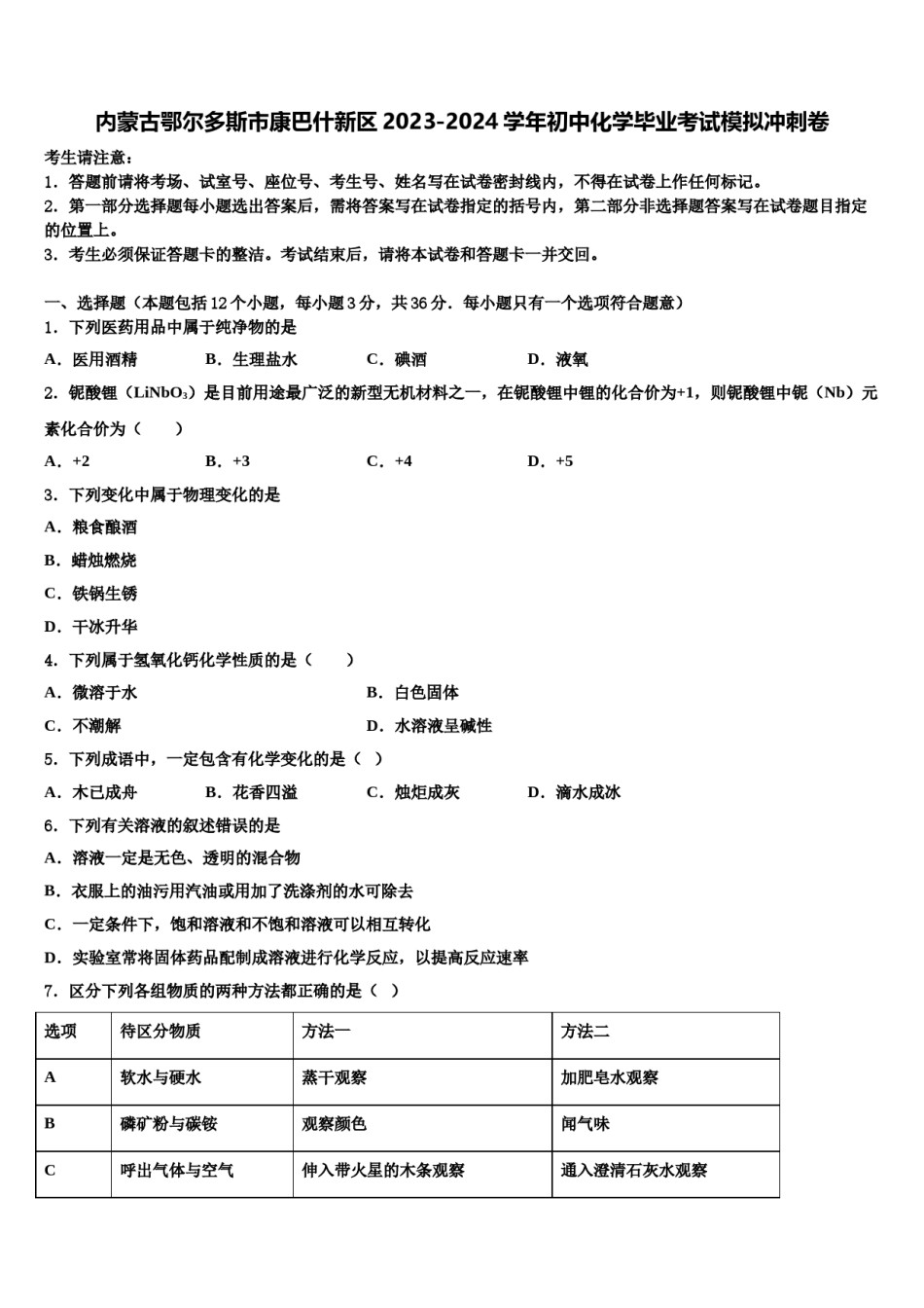 内蒙古鄂尔多斯市康巴什新区2023-2024学年初中化学毕业考试模拟冲刺卷含解析.doc_第1页