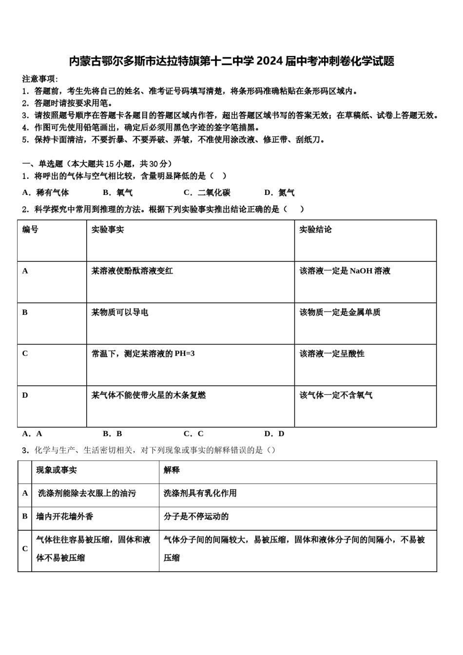 内蒙古鄂尔多斯市达拉特旗第十二中学2024届中考冲刺卷化学试题含解析.doc_第1页