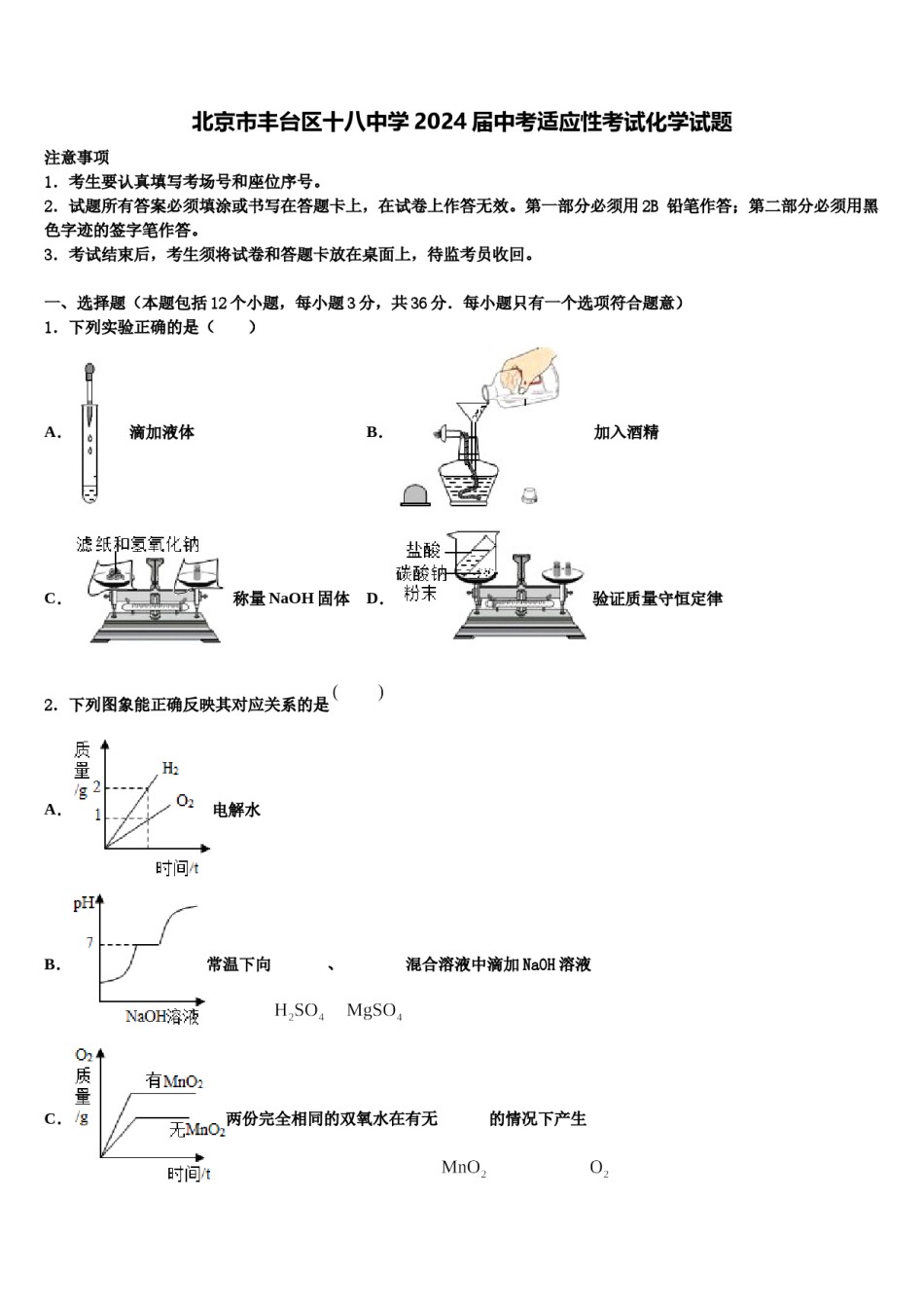 北京市丰台区十八中学2024届中考适应性考试化学试题含解析.doc_第1页