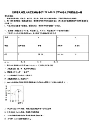 北京市大兴区大兴区北臧村中学2023-2024学年中考化学考前最后一卷含解析.doc