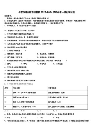 北京市通州区市级名校2023-2024学年中考一模化学试题含解析.doc