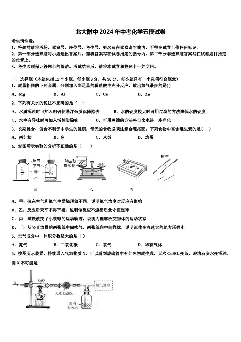 北大附中2024年中考化学五模试卷含解析.doc_第1页