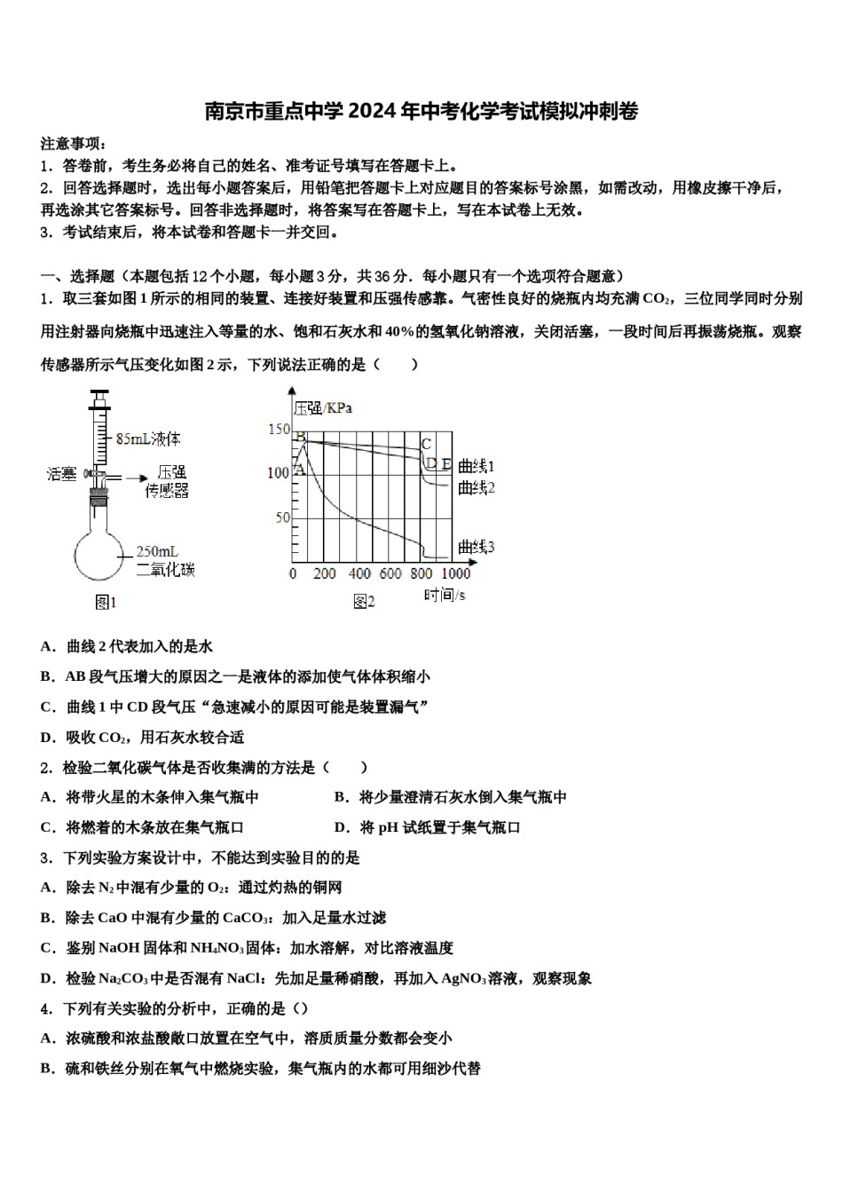 南京市重点中学2024年中考化学考试模拟冲刺卷含解析.doc_第1页