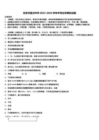 吉安市重点中学2023-2024学年中考化学模拟试题含解析.doc