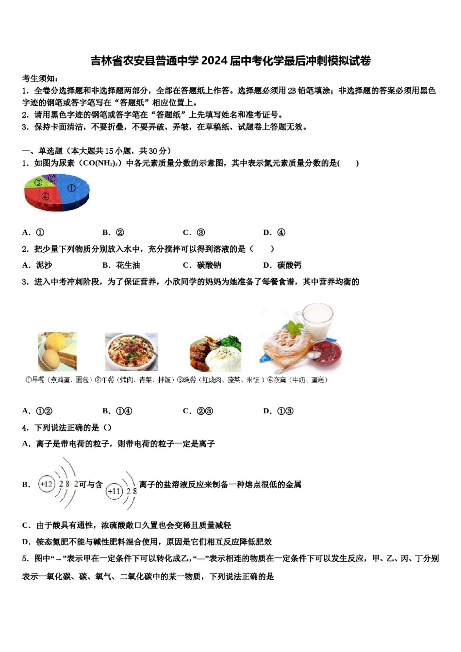 吉林省农安县普通中学2024届中考化学最后冲刺模拟试卷含解析.doc_第1页